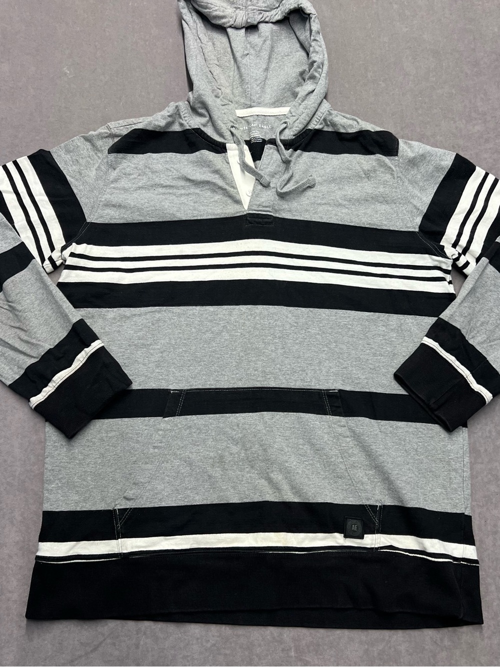 American Eagle Outfitters Gray and Black Striped Hooded Pullover